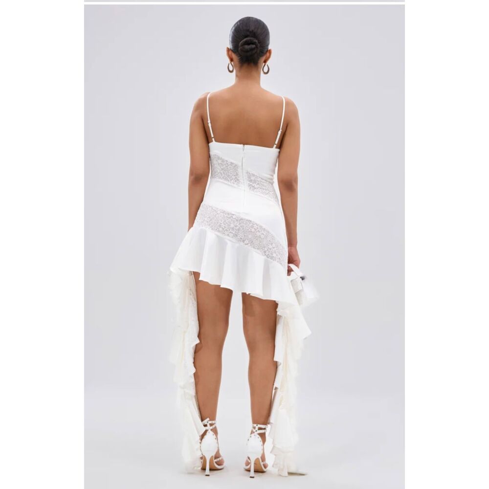 AKIRA White Satin Lace Mini Dress Ruffle Side Trains Bridal Prom Size L NWT - Picture 3 of 14